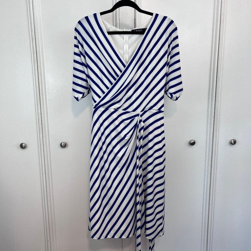 Ralph Lauren EUC Blue and White Striped Wrap Dress Size 12